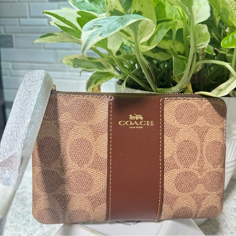 Coach Corner Zip Wristlet In Signature Canvas With Stripe